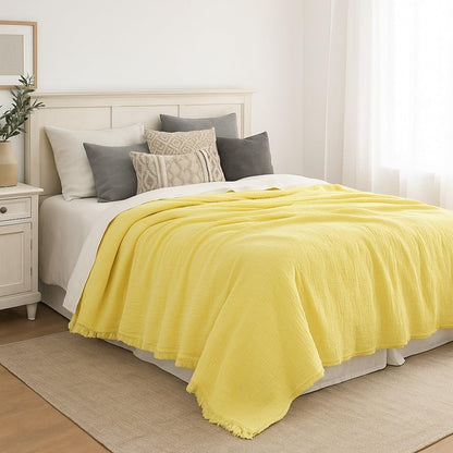 100% Cotton 4-Layer Muslin Blanket Anthracite – Soft Breathable Bedspread Coverlet Throw, Lightweight Gauze Pike Style, Pre-Washed, All Season Use for Bed Sofa (Lemon Yellow, 95x108 inc)