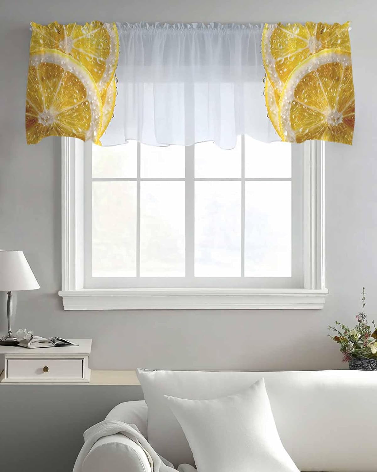 Yellow Lemons Valance Curtains for Kitchen/Living Room/Bathroom/Bedroom Window, Summer Bubble Lemon Slices Fruit Rod Pocket Small Topper Half Short Window Curtains Voile Sheer Scarf, 54"x18"