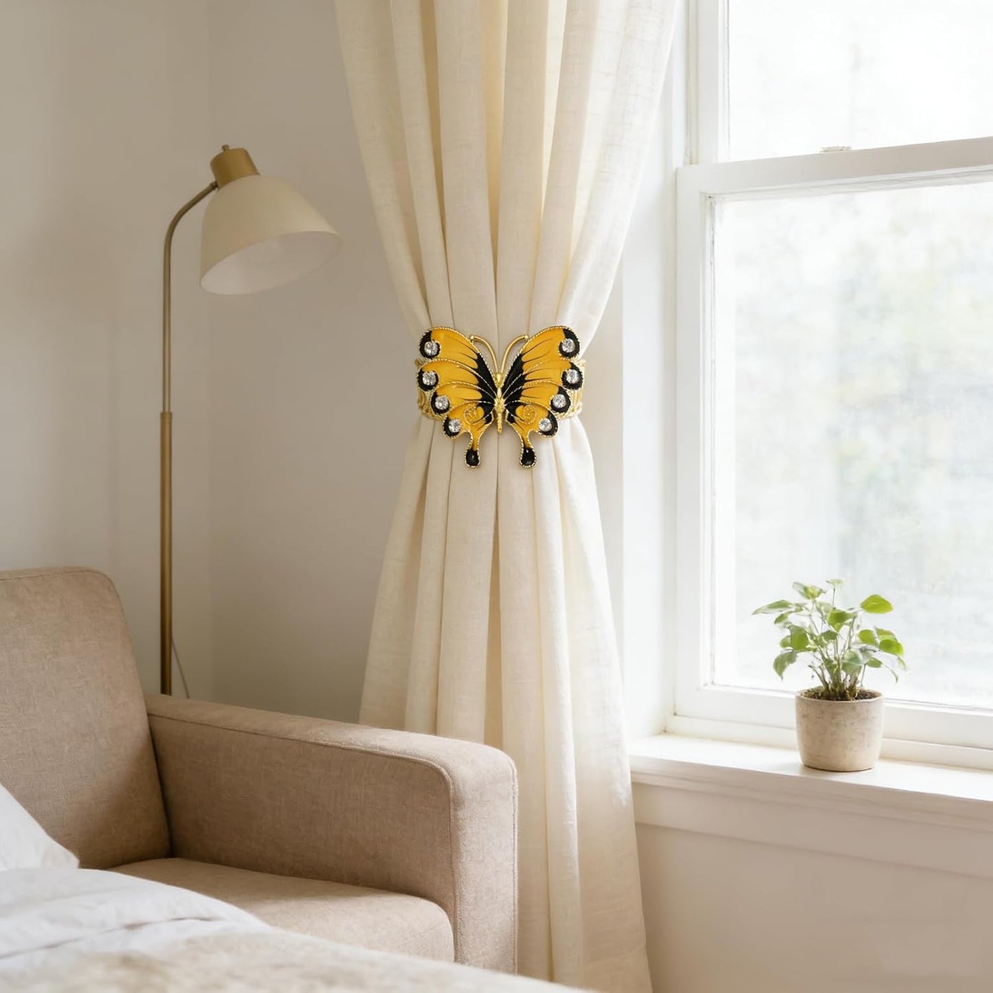 Butterfly Curtain Tiebacks 2 Pack Yellow Enamel & Rhinestone Insect Curtain Holdbacks,No Drill Curtain Ties Auto-Closing,Boho Curtain Tie Backs for Farmhouse Kitchen Living Room Bedroom Decor