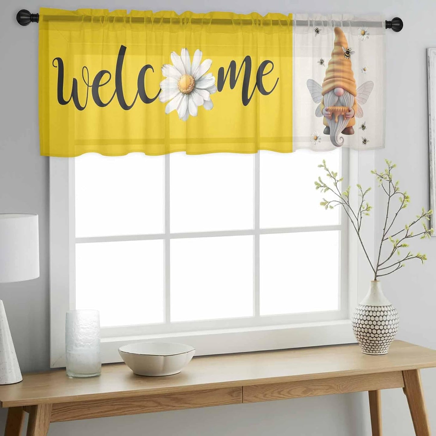 Honey Welcome Sheer Valance Curtains, Yellow Bee Gnome Wings Daisy Farmhouse Linen Light Filtering Kitchen Valances Rod Pocket Voile Curtain Window Treatment for Bedroom/Living Room/Basement 54Wx18L
