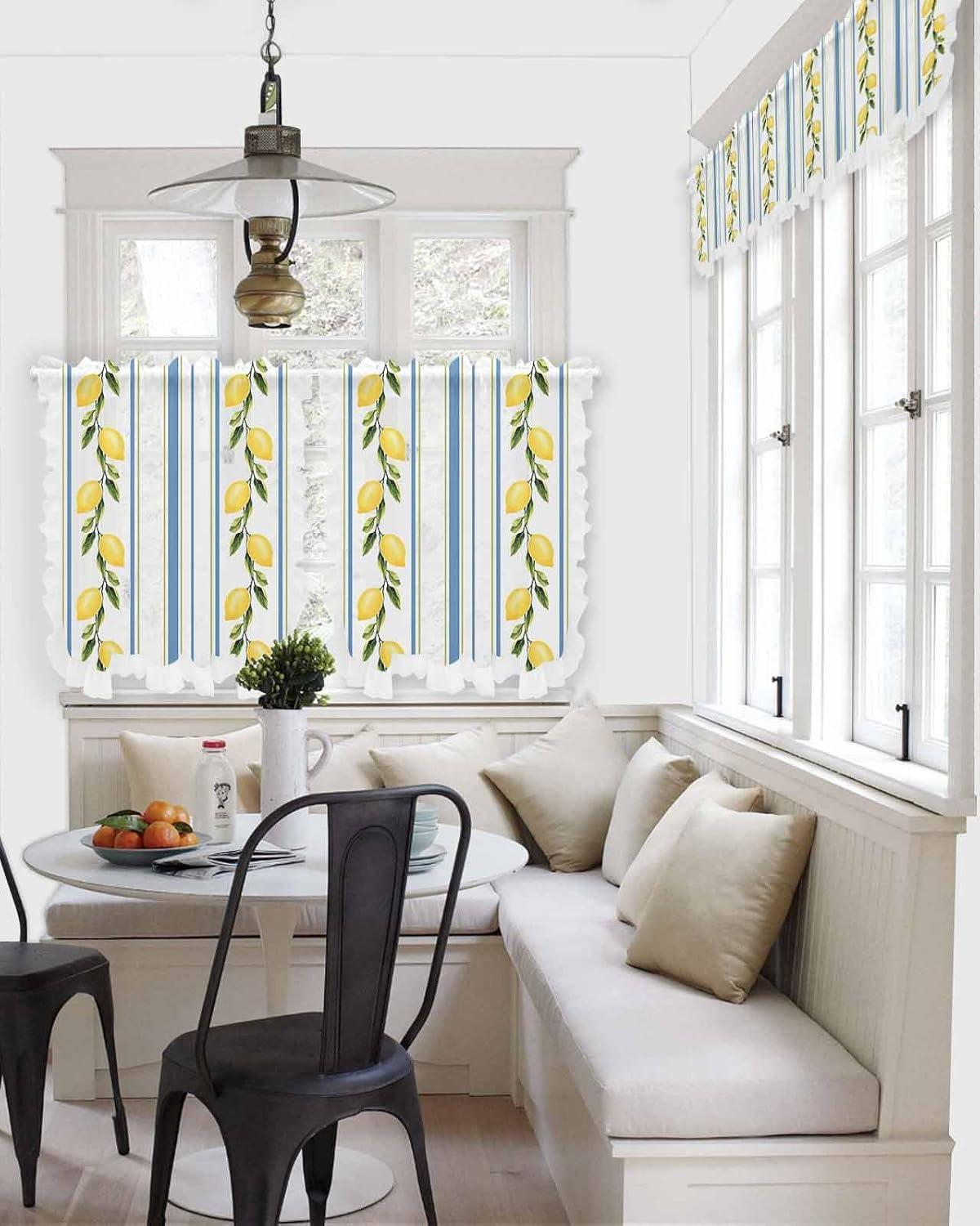 Lemon Sheer Kitchen Curtains and Valance Set Blue Striped Summer Fruit Ruffle Tier Curtain Light Filtering Small Window Drapes for Cafe Living Room, 3 Pieces, 54" x 36"