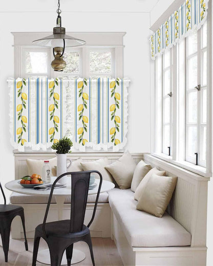 Lemon Sheer Kitchen Curtains and Valance Set Blue Striped Summer Fruit Ruffle Tier Curtain Light Filtering Small Window Drapes for Cafe Living Room, 3 Pieces, 54" x 36"