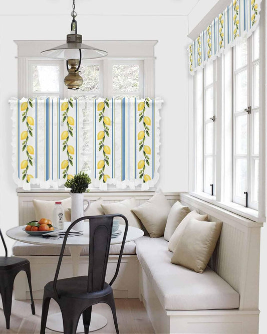 Lemon Sheer Kitchen Curtains and Valance Set Blue Striped Summer Fruit Ruffle Tier Curtain Light Filtering Small Window Drapes for Cafe Living Room, 3 Pieces, 54" x 36"