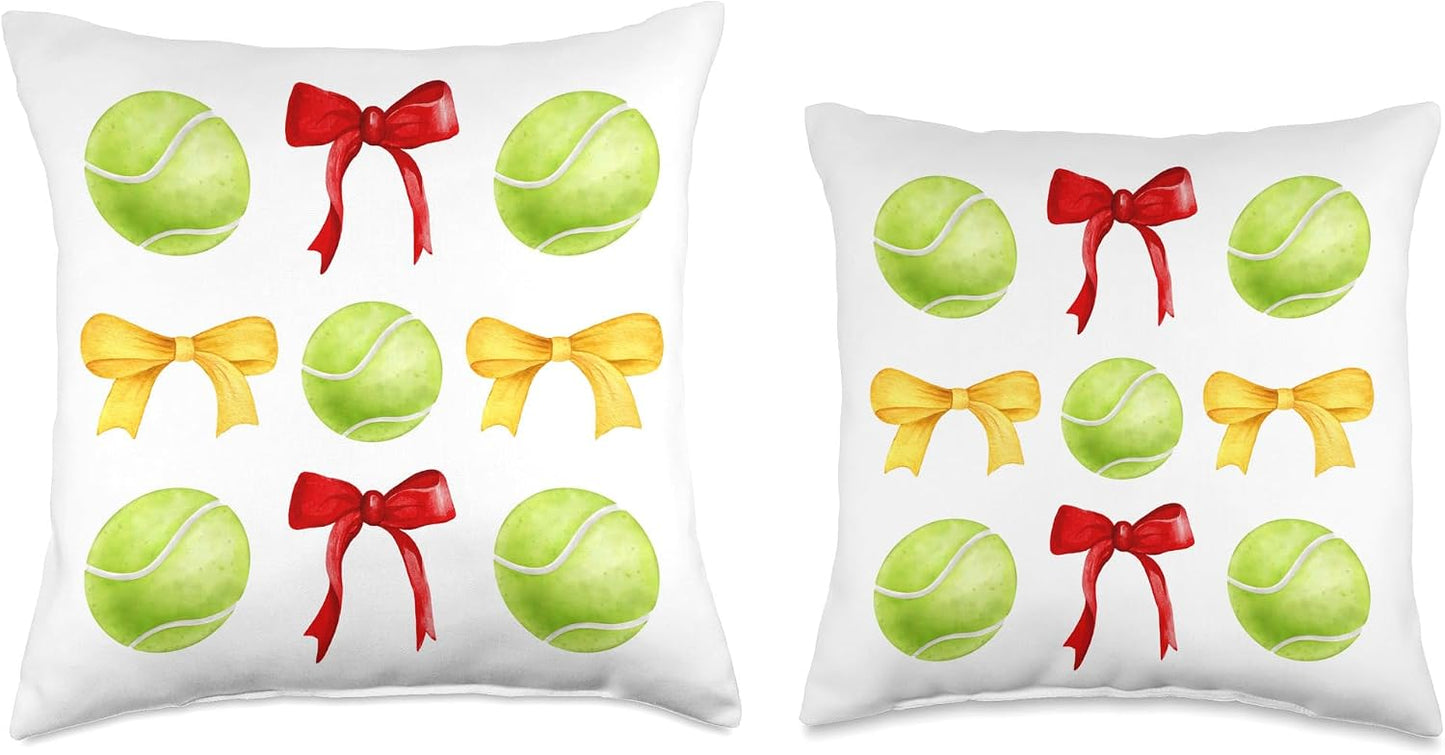 Girls Tennis Player Tennis Team Red & Yellow Gold Bow Balls Throw Pillow