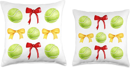 Girls Tennis Player Tennis Team Red & Yellow Gold Bow Balls Throw Pillow