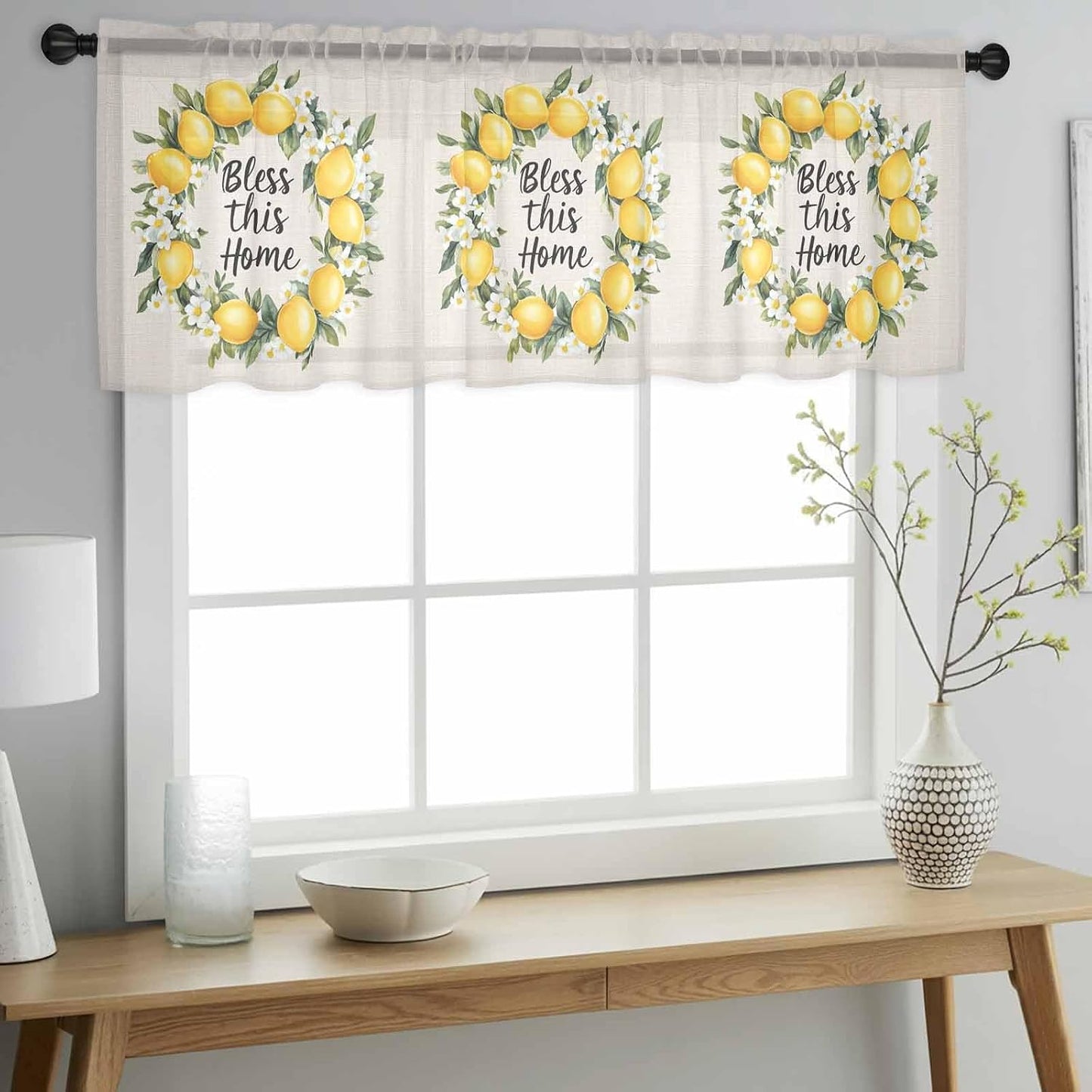 Country Bless This Home Sheer Curtain 18 Inch Long Yellow Lemon Linen Texture Light Filtering Rod Pocket Voile Curtain Valance for Bedroom Kitchen Cafe Window 54" W x 18" L
