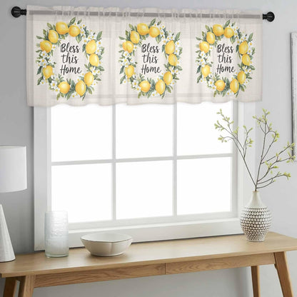 Country Bless This Home Sheer Curtain 18 Inch Long Yellow Lemon Linen Texture Light Filtering Rod Pocket Voile Curtain Valance for Bedroom Kitchen Cafe Window 54" W x 18" L