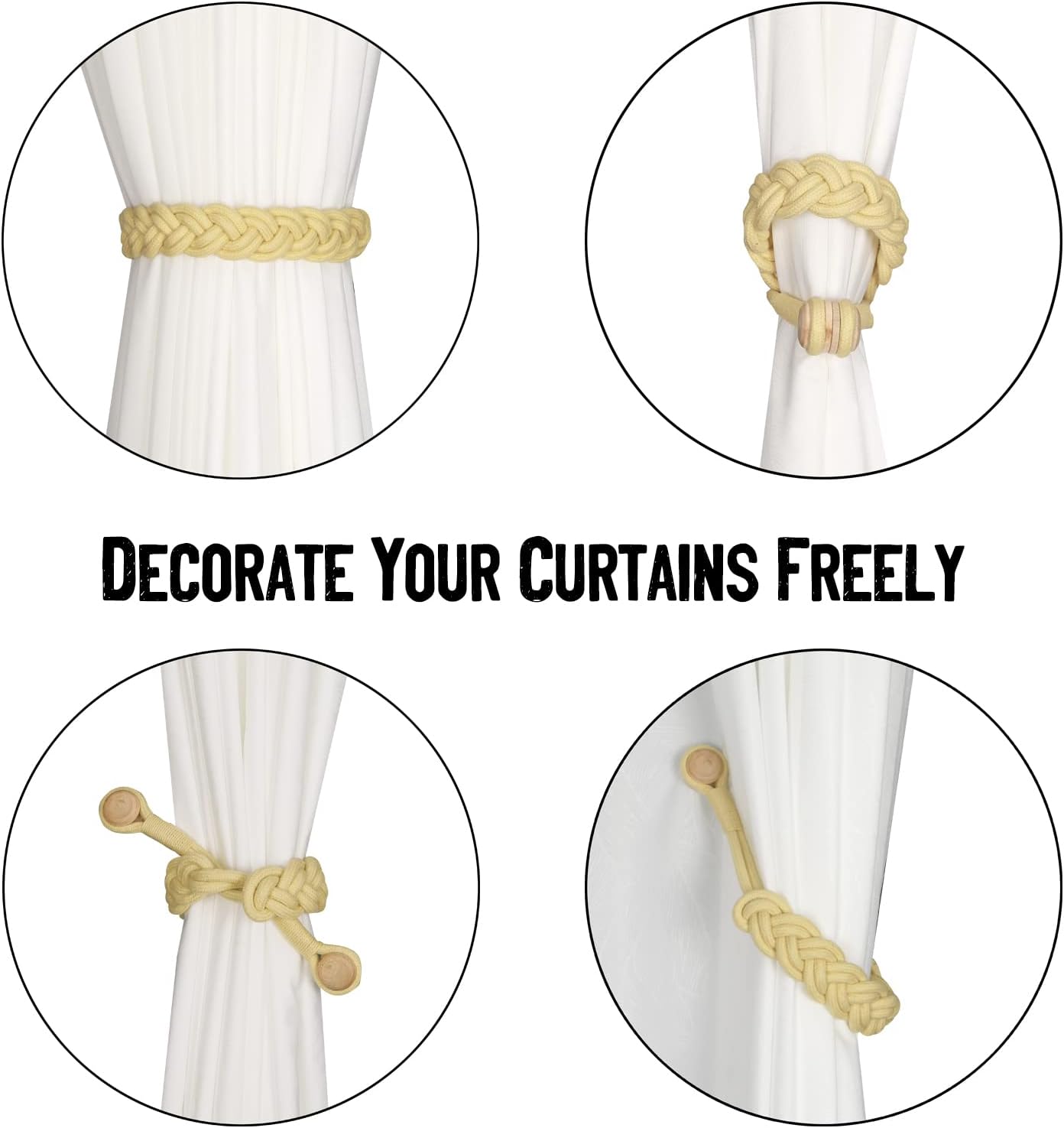 BEL AVENIR Curtain Tiebacks Magnetic Woven Curtain Holdback Drapery Tie-Back (Yellow -2Pack)