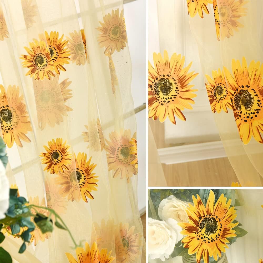 BIGEBO 2PCS Sunflower Curtains with 2 Curtain Tiebacks Rope | Rod Pocket Window Treatments W39" x L79" Yellow Sheer Window Curtains for Bedroom Living Room Kitchen Decor