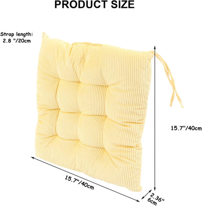 4Pack Chair Cushions for Dining Chairs 15.7"X15.7" Corduroy Chair Pads with Ties Indoor Non-Slip Square Seat Cushion for Kitchen Office Chairs Computer Desk Seat Pad, Light Yellow