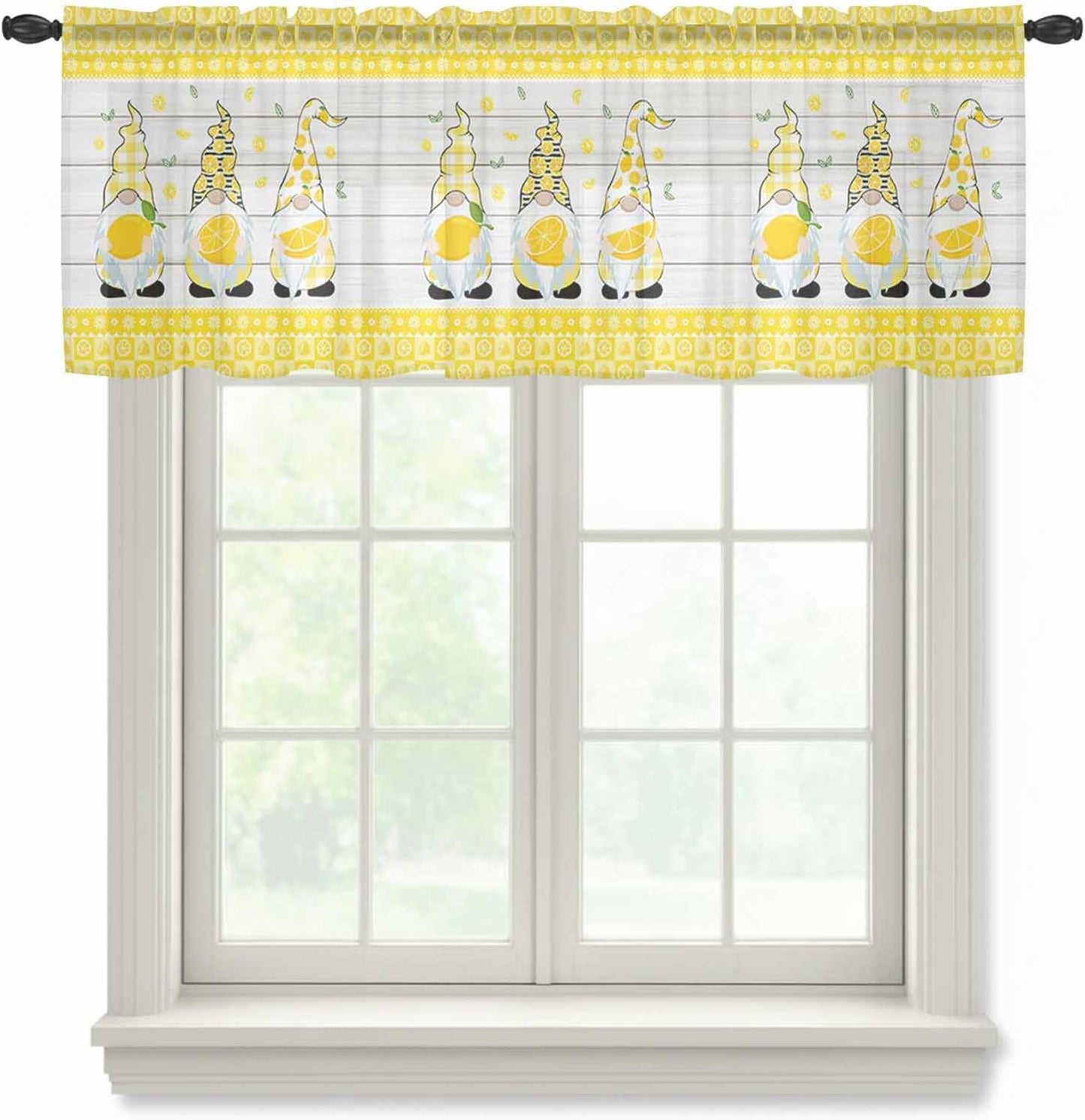 Sheer Window Valance Lemon and Gnomes Semi Voile Short Curtain Rod Pocket Yellow Check Plaid Wood Grain Valances Window Treatment for Bedroom Living Room Kitchen 54x18in