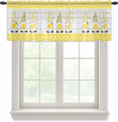 Sheer Window Valance Lemon and Gnomes Semi Voile Short Curtain Rod Pocket Yellow Check Plaid Wood Grain Valances Window Treatment for Bedroom Living Room Kitchen 54x18in