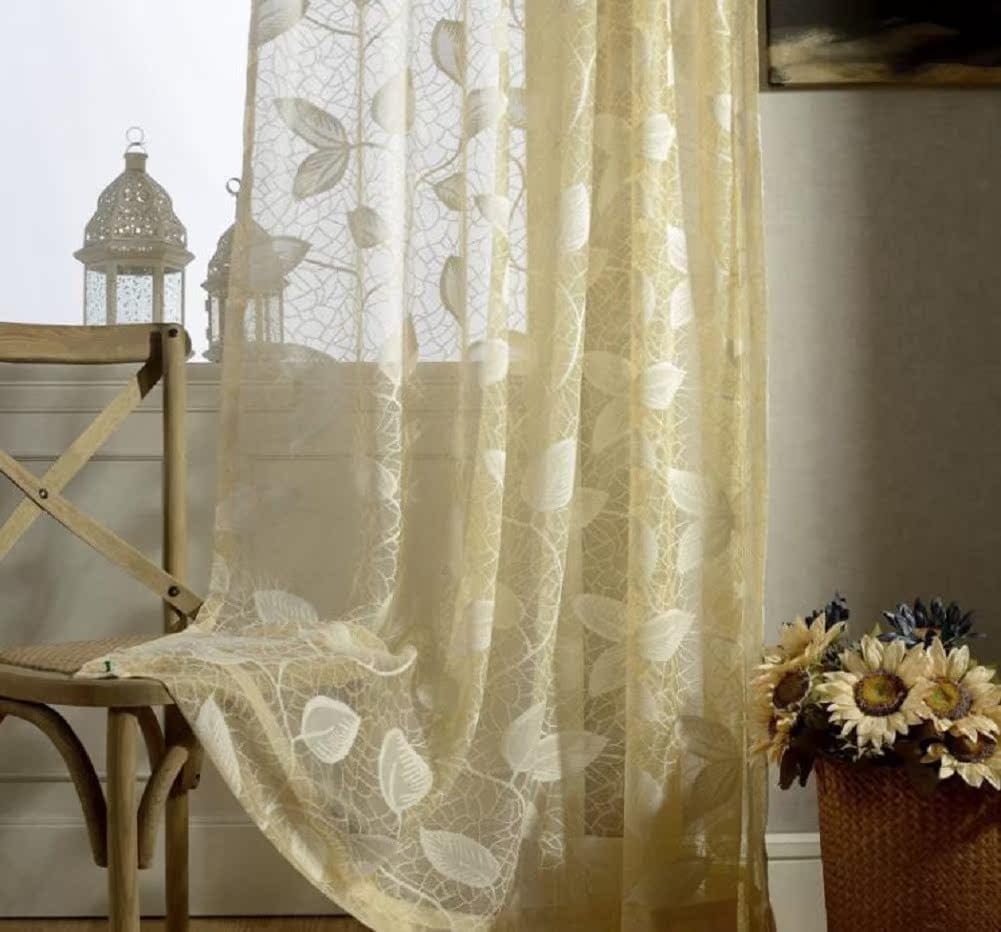 HooHero Gorgeous Sheer Curtains Voile Curtain Rod Pocket Floral Pattern Jacquard Design Lace Tulle Panel for Living Dining Room Bedroom Kitchen(1 Panel, W 52 x L 72 inch, Yellow)