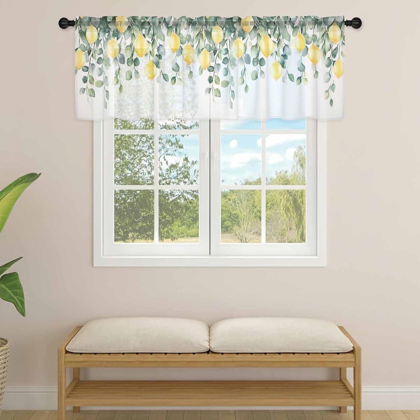 Country Sheer Curtain 18 Inch Long Yellow Lemon Fruit Farm Light Filtering Rod Pocket Voile Curtain Valance for Bedroom Kitchen Cafe Window 54" W x 18" L
