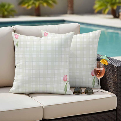 Waterproof Throw Pillow Covers 18x18 Set of 2, Light Yellow Lattice Spring Tulip Flower Outdoor Pillowcases Invisible Zipper, Minimalist Check Decorative Cushion Covers for Patio Garden Sofa Couch