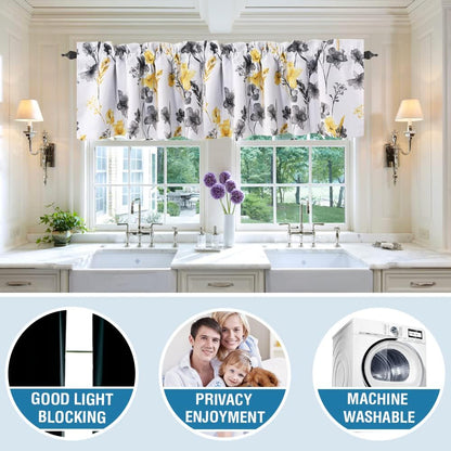 H.VERSAILTEX 100% Blackout Curtain Valances for Kitchen Windows 2 Panels Set Cattleya Floral Printed Leah Floral Thermal Insulated Rod Pocket Valances for Windows, 52" x 18", Grey/Yellow