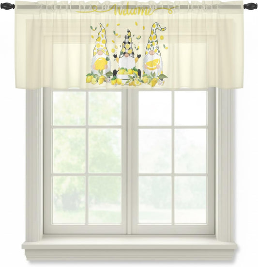 Lemon Gnomes Sheer Valance Curtains for Kitchen Living Room Decor, Vintage Fruit Yellow Welcome Semi Sheer Curtain Voile Valance Rod Pocket Window Treatment Short Curtain Panel 54"W x 18"L