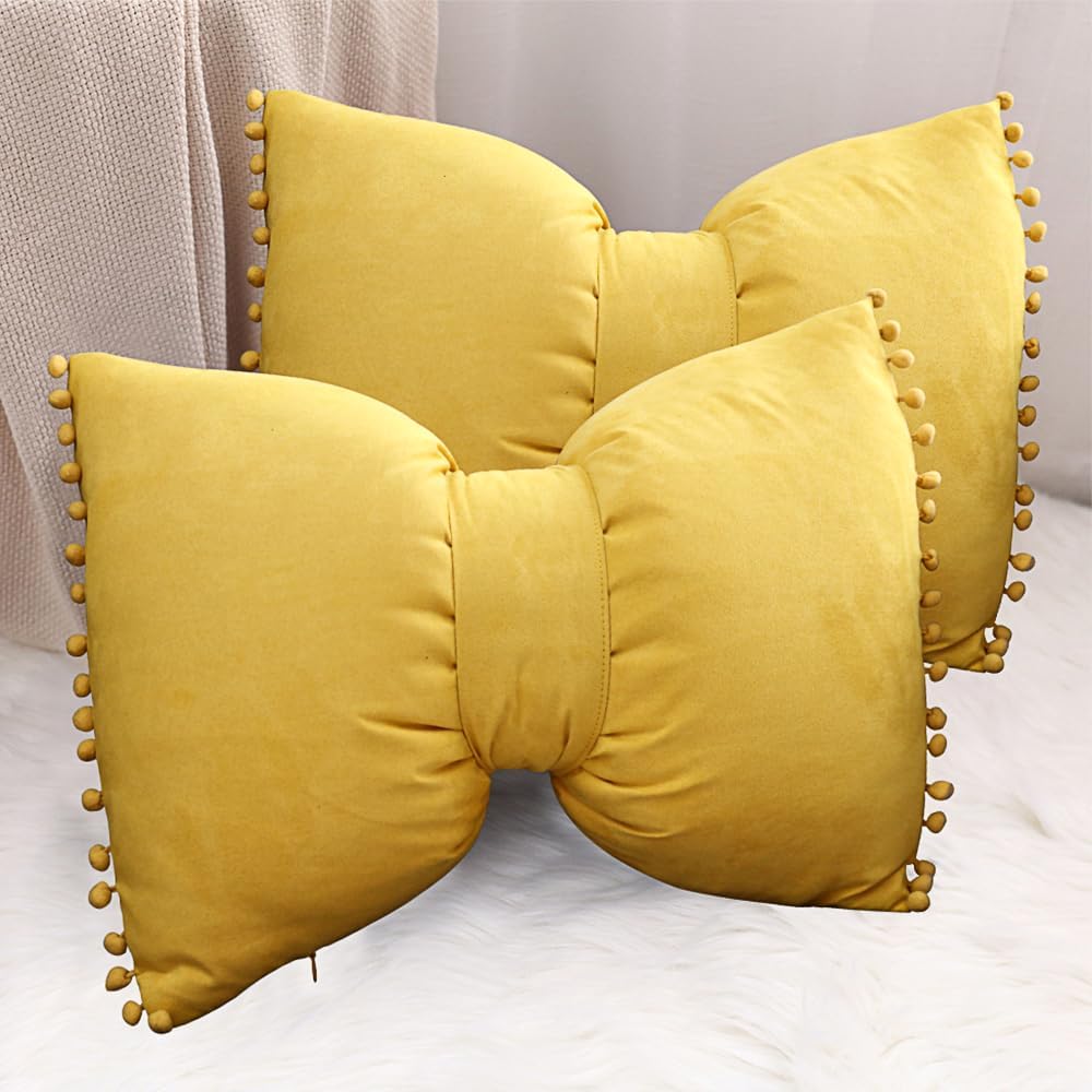 14x20 Decorative Throw Pillow Covers with Pom Poms Bow Velvet Pillow Cases for Room Bed Sofa Couch Yellow x2