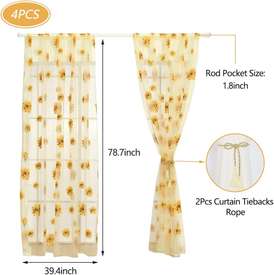 BIGEBO 2PCS Sunflower Curtains with 2 Curtain Tiebacks Rope | Rod Pocket Window Treatments W39" x L79" Yellow Sheer Window Curtains for Bedroom Living Room Kitchen Decor