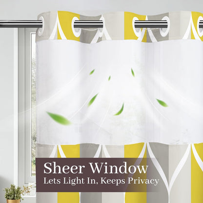 Yiatn Gray Yellow No Hook Shower Curtain with Liner Attached - Hotel Style with See Through Mesh Top Window, Modern Geometric Waterdrop Design,Waterproof and Washable, 71x74 INCH