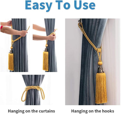 Melodieux Decorative Curtain Tiebacks Antique Tassels Holdbacks - Home Office Window Drapery Fasteners Fringe Ropes, Set of 2 (Yellow)