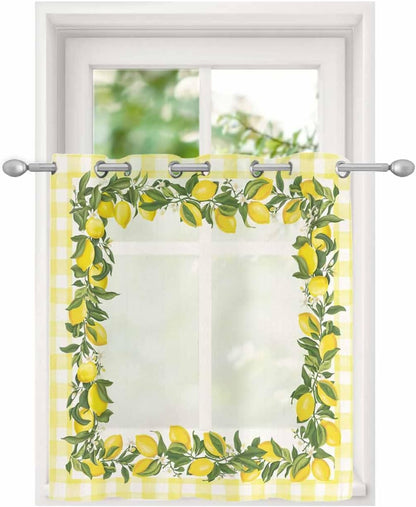 Sheer Curtains 52x54 Inch Length Summer Farmhouse Fruit Lemon Yellow Buffalo Plaid Semi Sheer Curtains Voile Grommet Drapes Chiffon Window Curtain for Living Room Bedroom Kitchen Nursery, 1 Panel