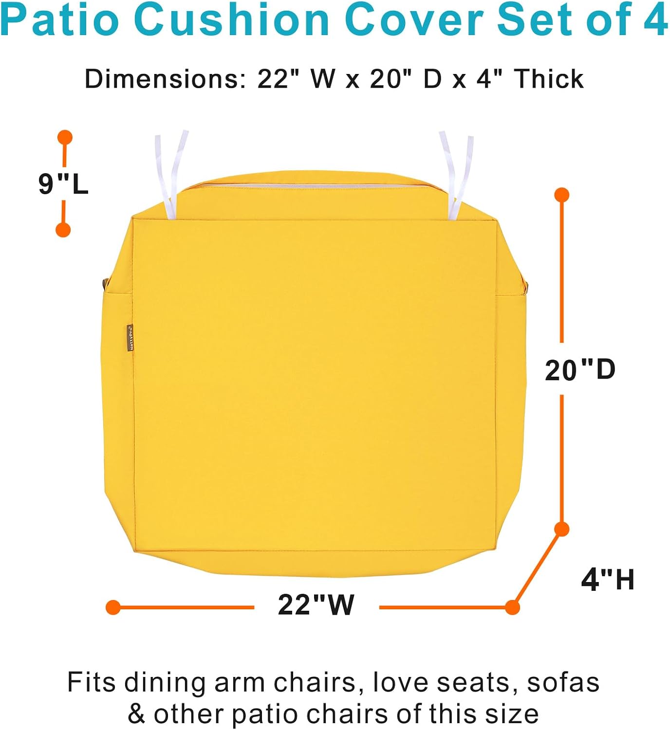 NettyPro Patio Chair Seat Cushion Covers Set 4, Waterproof Outdoor Furniture Cushion Slipcovers with Zipper and Tie, 22 x 20 x 4 Inch, Replacement Cover Only, Yellow