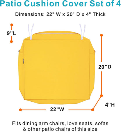 NettyPro Patio Chair Seat Cushion Covers Set 4, Waterproof Outdoor Furniture Cushion Slipcovers with Zipper and Tie, 22 x 20 x 4 Inch, Replacement Cover Only, Yellow