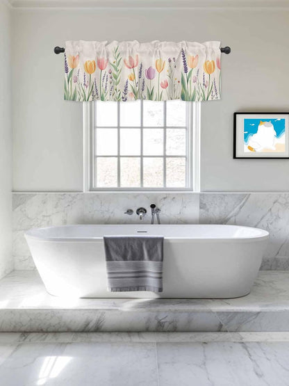 Spring Floral Valances for Windows, Pink Yellow Tulip Kitchen Curtains Window Treatment Decor, Summer Botanical Flowers Rod Pocket Short Window Valances for Living Room/Bedroom, 54" x 18"