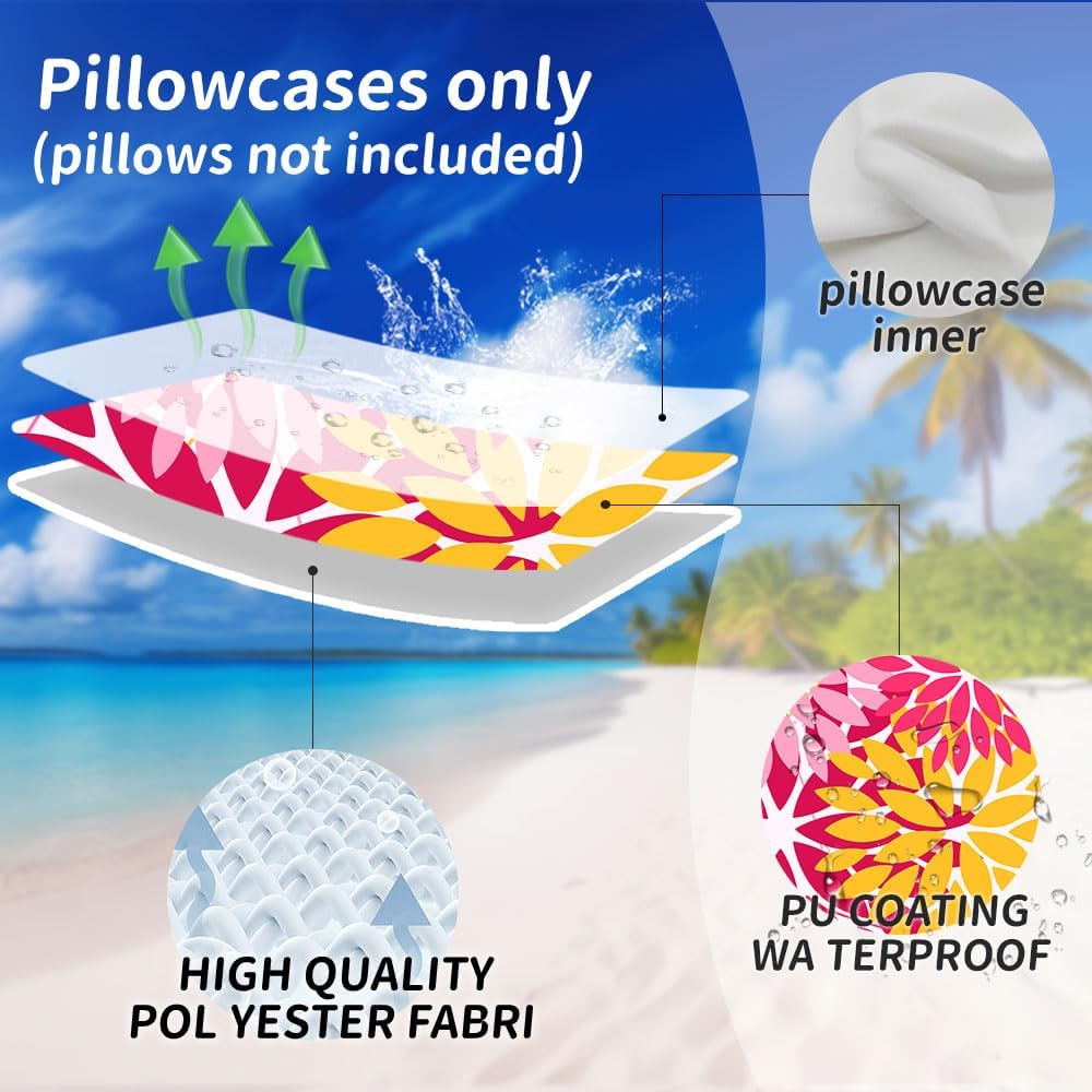 DFXSZ Outdoor Pillow Covers - 20x20 Inch Set of 2 Pink Yellow Flower Decorative Waterproof Summer Pillow Covers for Patio Furniture, Garden Couch