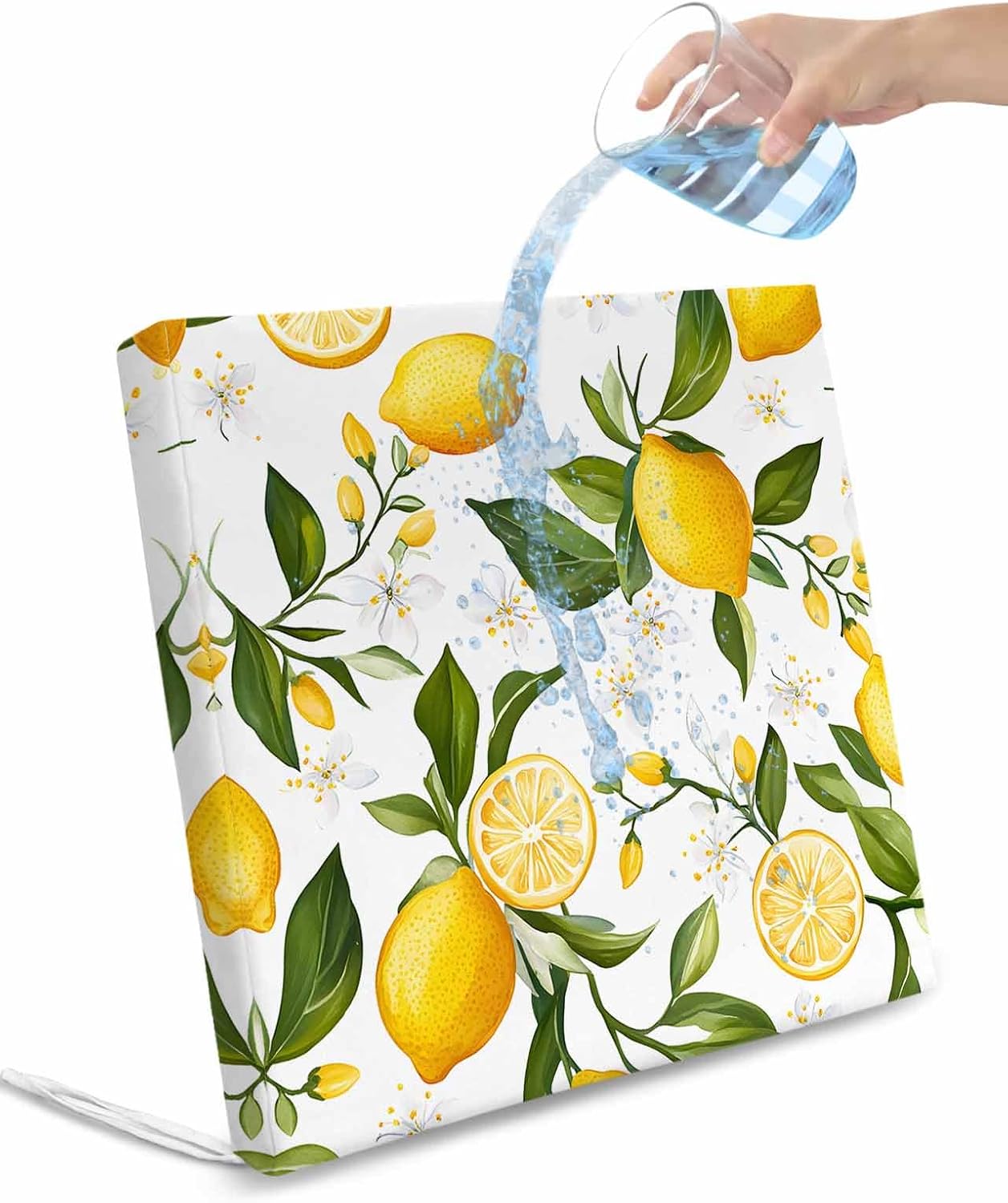 Lemon Summer Outdoor Cushion Cover Floral Lemon Yellow Green Waterproof Patio Chair Seat Slipcovers with Zipper & Tie Couch Cushion Covers Furniture Protector, 2 Pcs, 20"x18"x4"