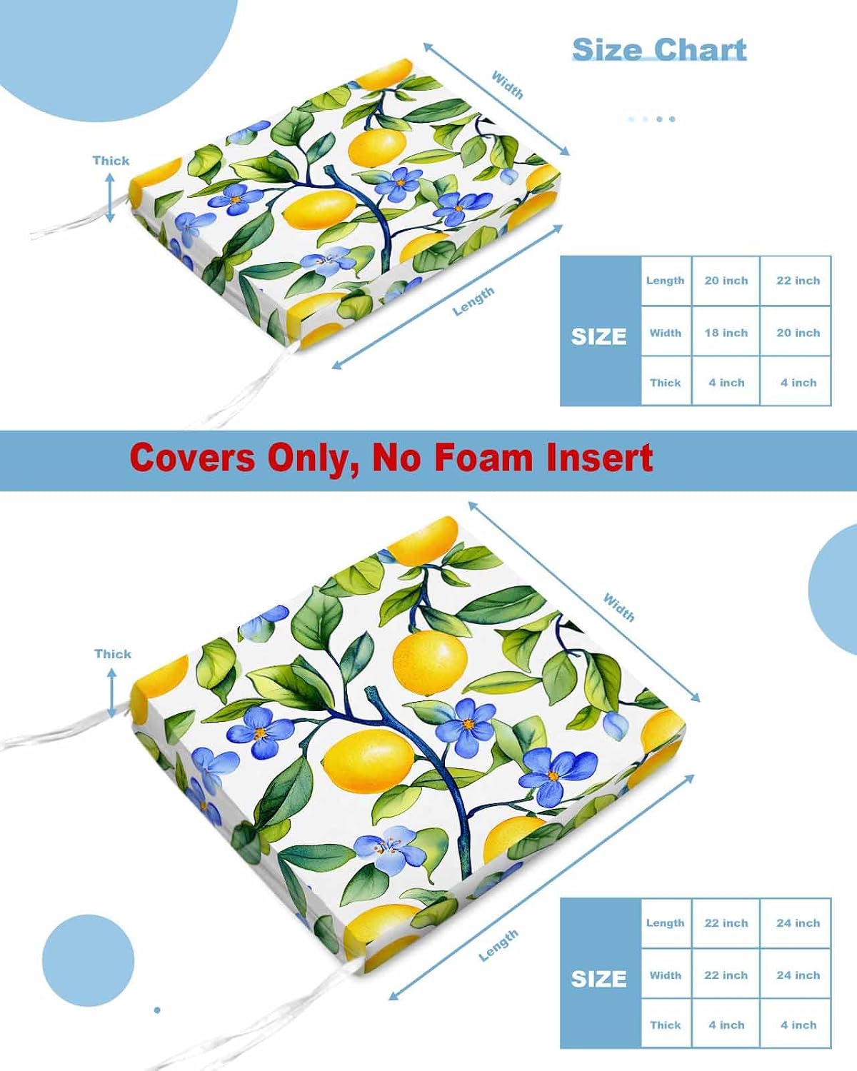 2 PCS Stretch Patio Outdoor Cushion Covers Watercolor Summer Lemon on White Sofa Couch Seat Chair Slipcovers for Garden,Green Leaves Waterproof Cushion Cover Replacement Furniture Protector