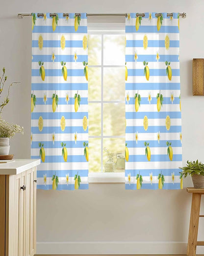 Summer Fruit Sheer Curtains 48 Inches Long 2 Panels Set, Watercolor Yellow Lemon Rustic Flower Plate Blue Stripes Chiffon Sheer Backdrop Curtains Sheer Curtain Panels for Bedroom Living Room 52x45in