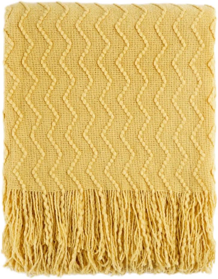 BATTILO HOME Yellow Throw Blanket for Couch, Textured Soft Gold Throw Blankets, Decorative Knitted Mustard Blanket for Sofa Bed Living Room, 50"x60"