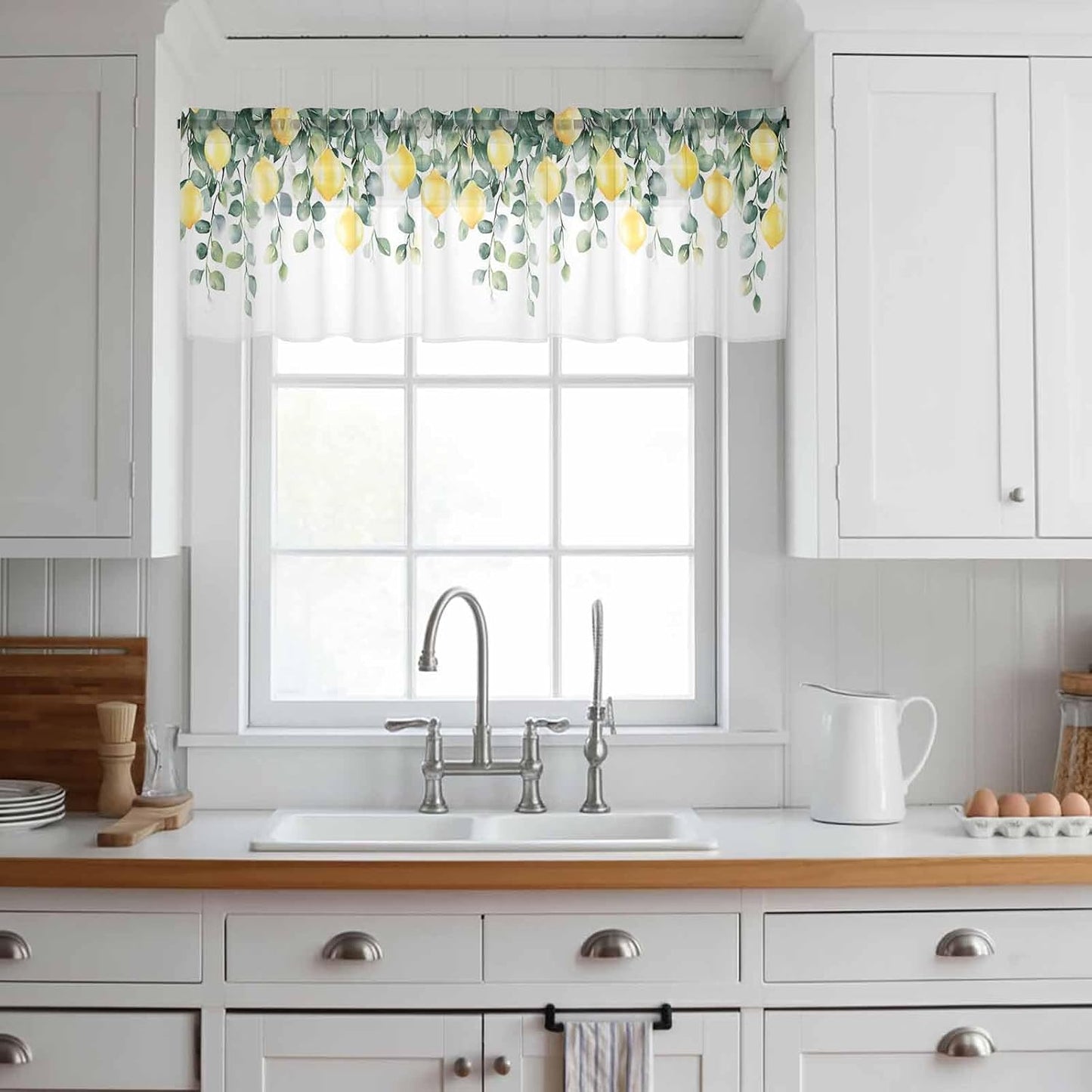 Country Sheer Curtain 18 Inch Long Yellow Lemon Fruit Farm Light Filtering Rod Pocket Voile Curtain Valance for Bedroom Kitchen Cafe Window 54" W x 18" L