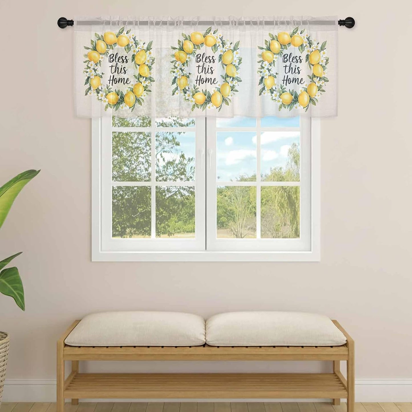 Country Bless This Home Sheer Curtain 18 Inch Long Yellow Lemon Linen Texture Light Filtering Rod Pocket Voile Curtain Valance for Bedroom Kitchen Cafe Window 54" W x 18" L