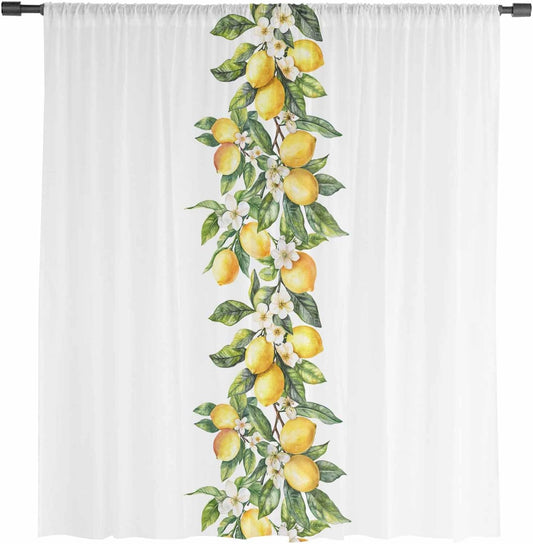 Yellow Lemon Sheer Curtains 84 Inches Long for Living Room/Bedroom, Simple Spring Botanical Fruit Leaves Flower Rod Pocket Voile Kitchen Curtains & Drapes Window Treatment 1 Panel, 52" W x 84" L