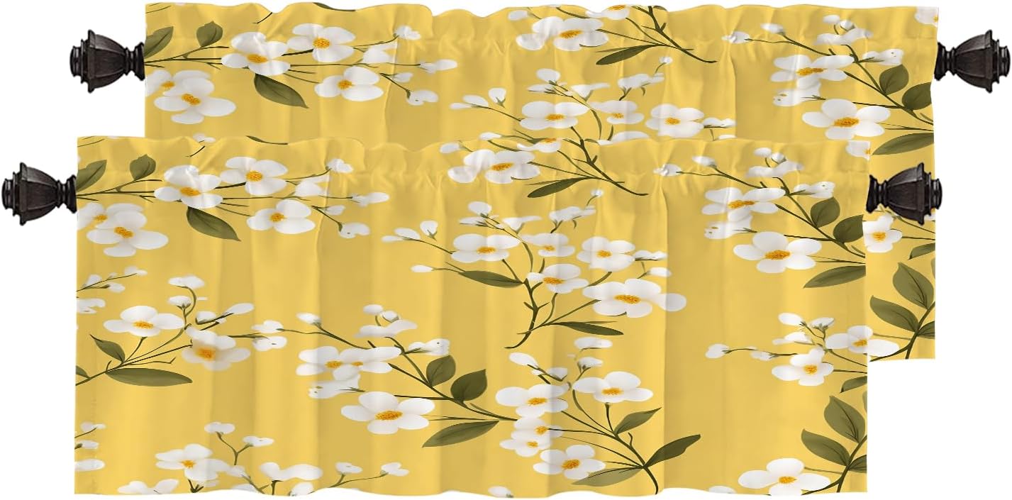 White Flowers On Yellow Blackout Kitchen Curtain, Floral with White Blooms Window Treatment Rod Pocket Light Filtering Bathroom Short Valance 2 Pack 52X18 Inches