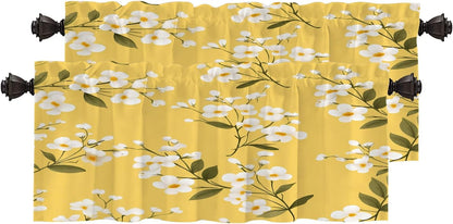 White Flowers On Yellow Blackout Kitchen Curtain, Floral with White Blooms Window Treatment Rod Pocket Light Filtering Bathroom Short Valance 2 Pack 52X18 Inches