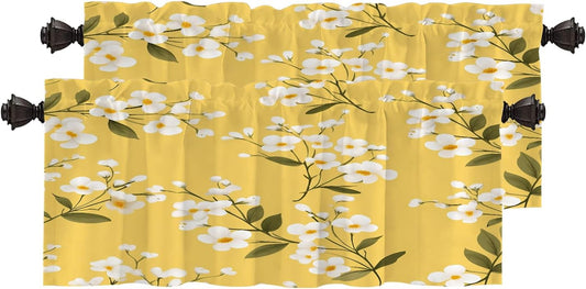 White Flowers On Yellow Blackout Kitchen Curtain, Floral with White Blooms Window Treatment Rod Pocket Light Filtering Bathroom Short Valance 2 Pack 52X18 Inches