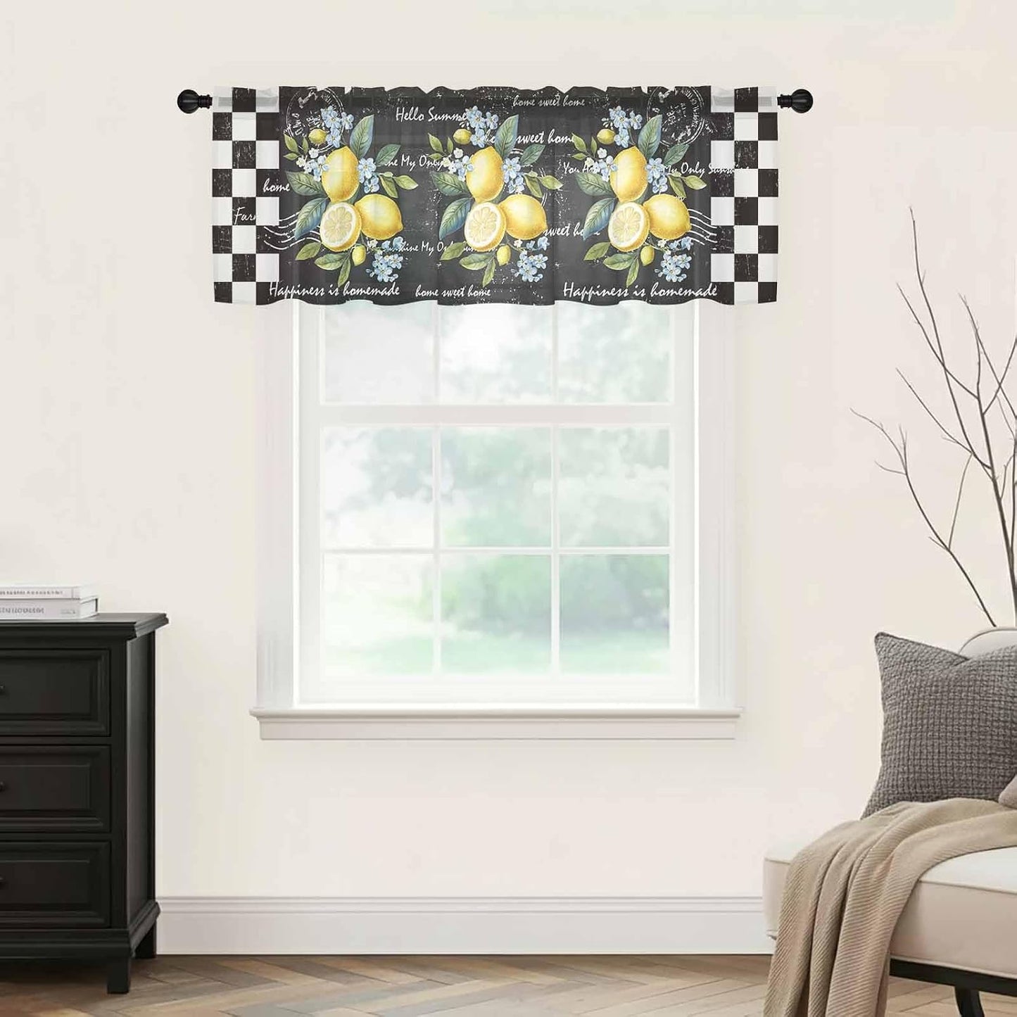Summer Lemon Sheer Curtain 18 Inch Long Farm Plant Floral Leaf Black White Plaid Retro Light Filtering Rod Pocket Voile Curtain Valance for Bedroom Kitchen Cafe Window 54" W x 18" L