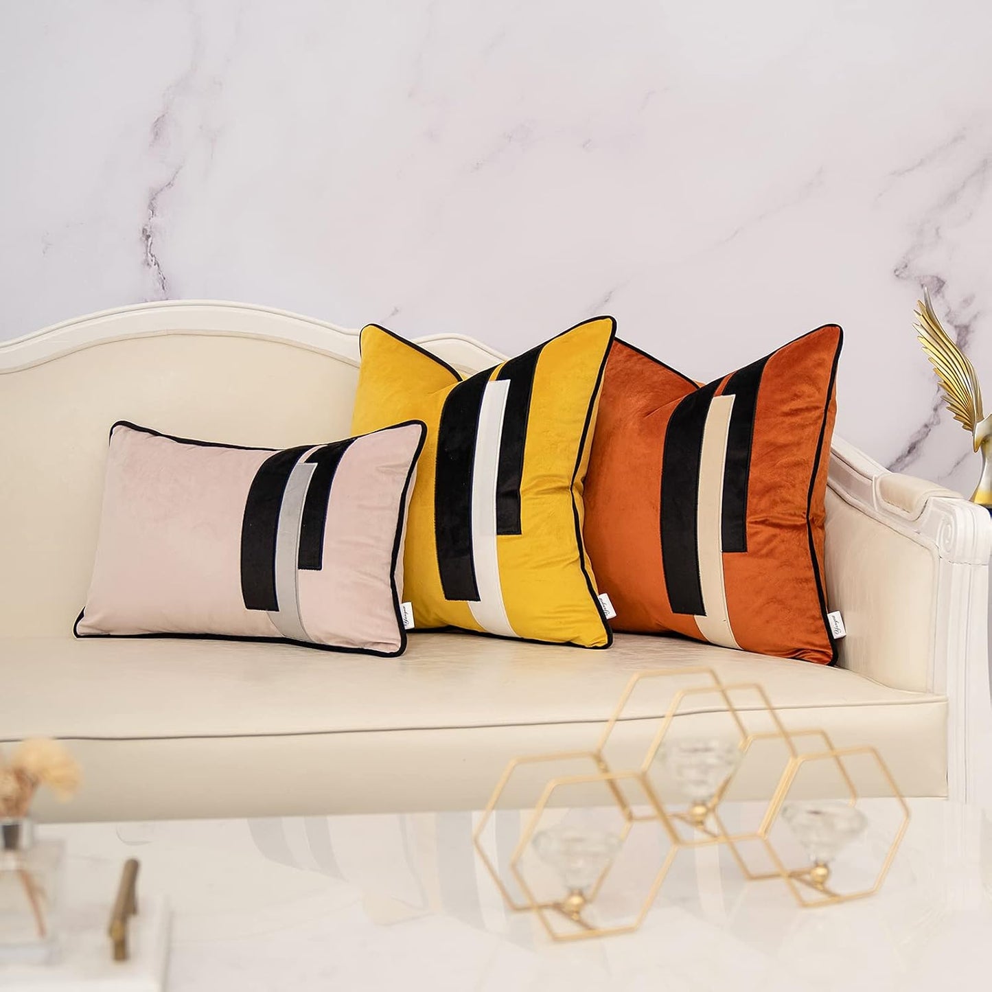 Yangest Yellow Decorative Velvet Throw Pillow Cover Striped Patchwork Cushion Case Modern 18x18 Inch Pillowcase for Sofa Couch Bedroom Living Room Home Decor