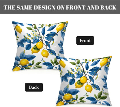 Outdoor Throw Pillow Covers Summer Lemon Blue Leaves Waterproof Square Pillow Case 16x16 inch Set of 2 Farmhouse Cushion for Patio Garden