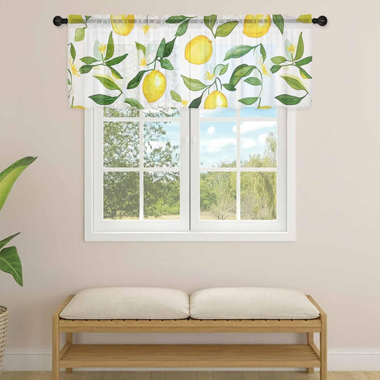Watercolor Yellow Sheer Curtain 18 Inch Long Green Lemon Plant Leaf Country Light Filtering Rod Pocket Voile Curtain Valance for Bedroom Kitchen Cafe Window 54" W x 18" L