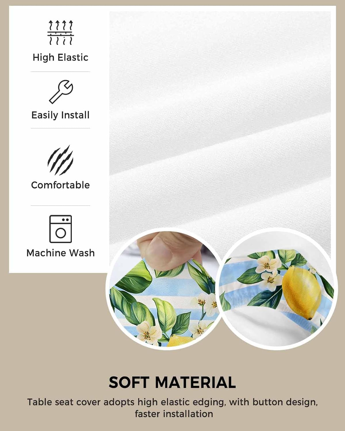 Savannan Dining Room Chair Seat Covers Set of 4 Summer Lemon Yellow Removable Stretch Chair Seat Cushion Slipcovers Protector for Holiday Party Festival Decoration, Green Leaf Blue Stripes