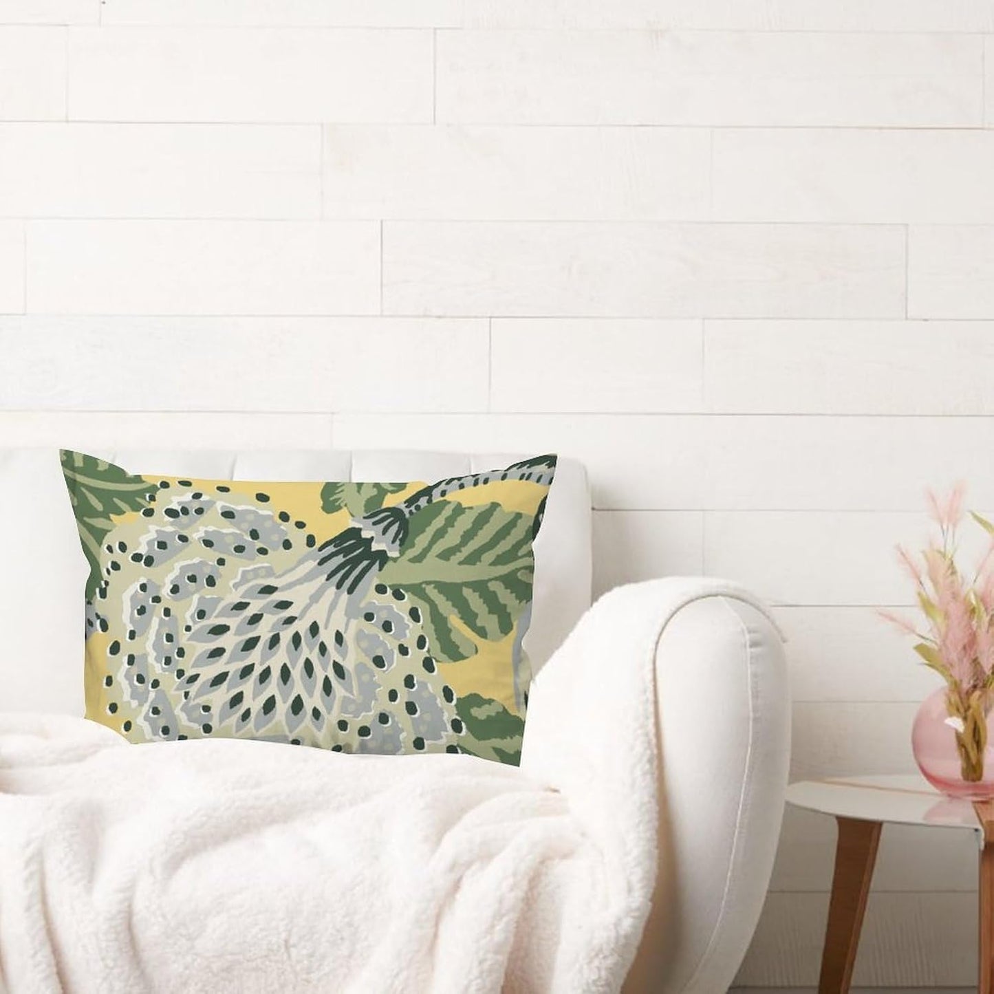 ArogGeld Green Grey Yellow Chinoiserie Floral Farmhouse Lumbar Pillow Covers Green and Yellow Flower White Linen Cushion Cover Japanese Chinoiserie Pillow Case for Living Room Bedroom 16x24in