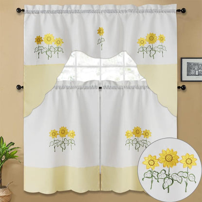 All American Collection Modern Contemporary 3pc Embroidered Home Kitchen Window Treatment Curtain Set (Swag Valance, Yellow Sunflower)