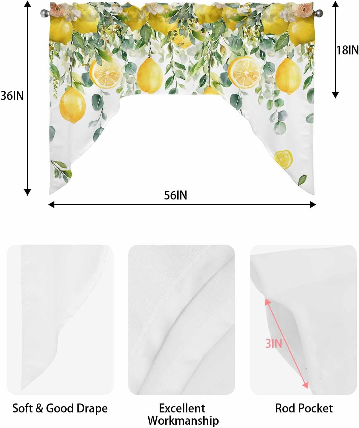 Yellow Lemon Swag Valances for Windows, Summer Fruit Swag Curtains for Kitchen, Living Room, Green Eucalyptus Leaf Flower Small Window Treatments Drapes Curtains for Cafe, Bathroom, Bedroom, 56"x36"