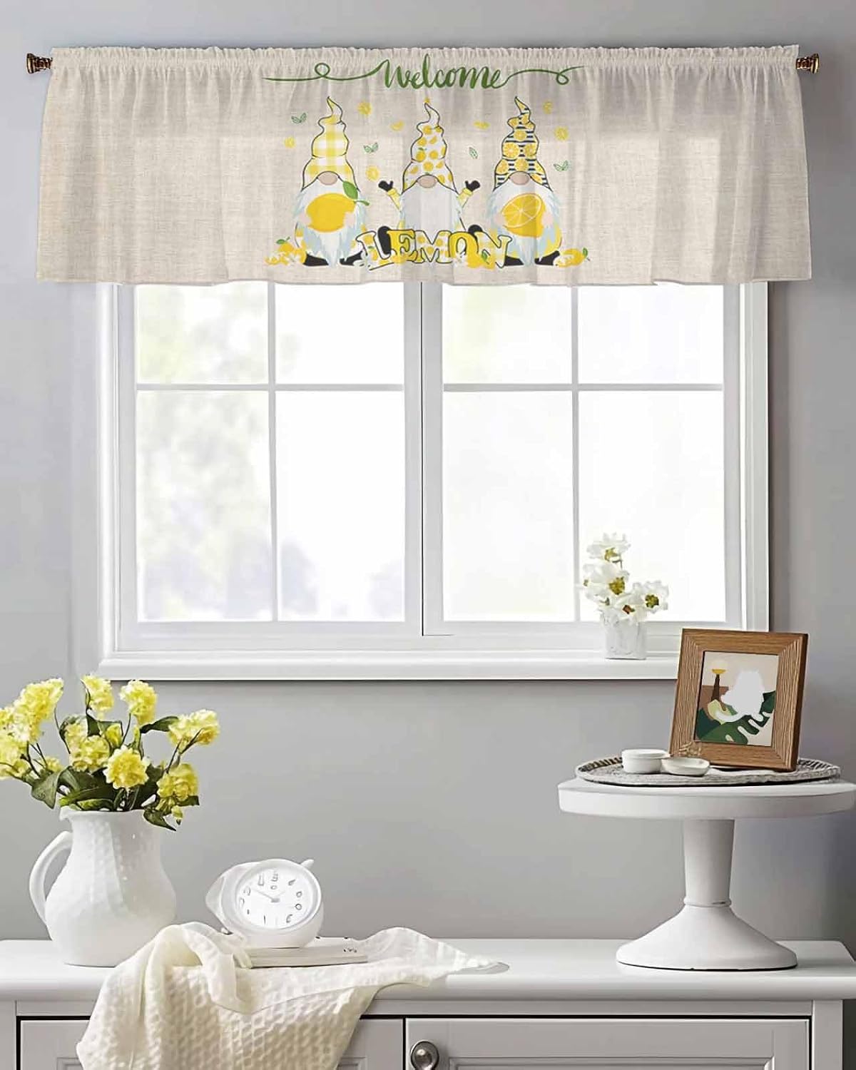 Sheer Valances for Windows Fruit Lemon Gnome Window Valances Rod Pocket Farmhouse Plant Floral Window Treatment Sheer Curtains for Kitchen Living Room Bedroom Bathroom 54x18in
