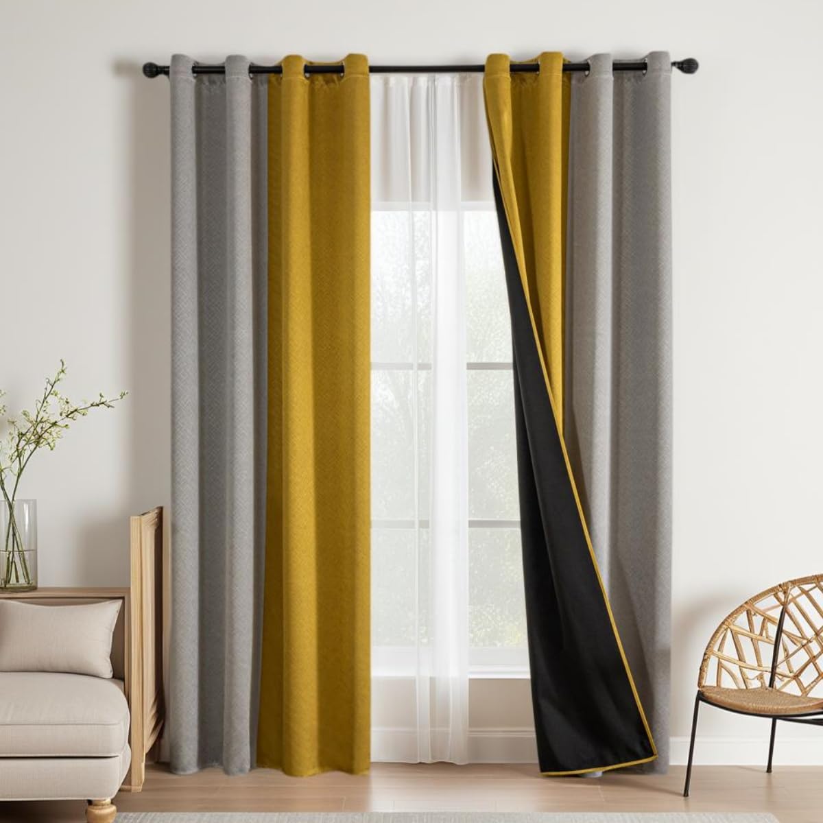F-CHU 100% Blackout Curtains for Bedroom Grey and Mustard Yellow Patchwork Curtains Thermal Insulated Room Darkening Window Drapes for Living Room Grommet 63 inch Long 2 Panels
